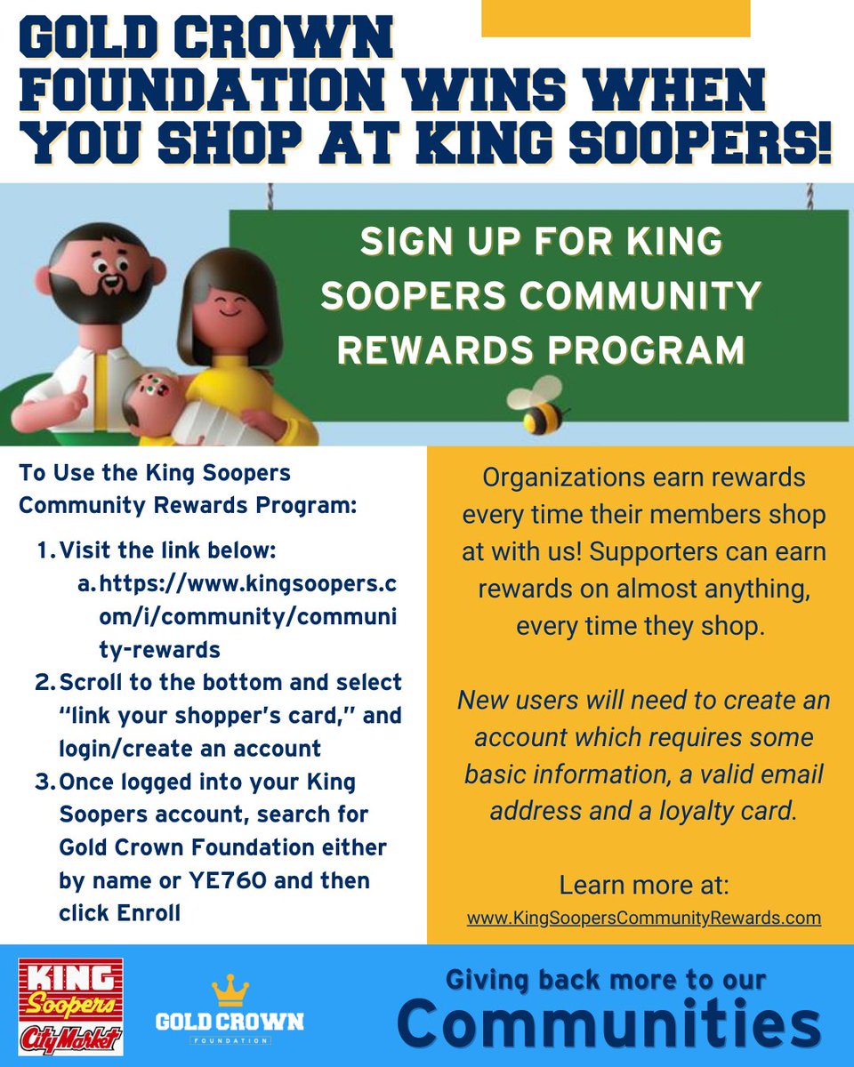 We are officially in King Soopers Community Reward Program!😍 

You can link your King Soopers card/account to GCF and start giving at no added cost!👑🌟 

➡️ If you do not currently have an account, the process to make one is quick, easy, &amp; free!

kingsoopers.com/i/community/co…