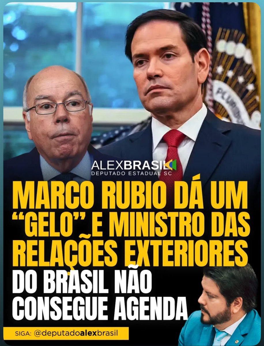 Diplomacia petista tropeça em Marco Rubio. Mauro Vieira, fiador da agenda esquerdista de Lula, levou um gelo de Marco Rubio.
Brasil isolado, economia sangrando, flertes com ditaduras globais custam caro. 
Trump faz América grande, Lula? Só prejuizo.