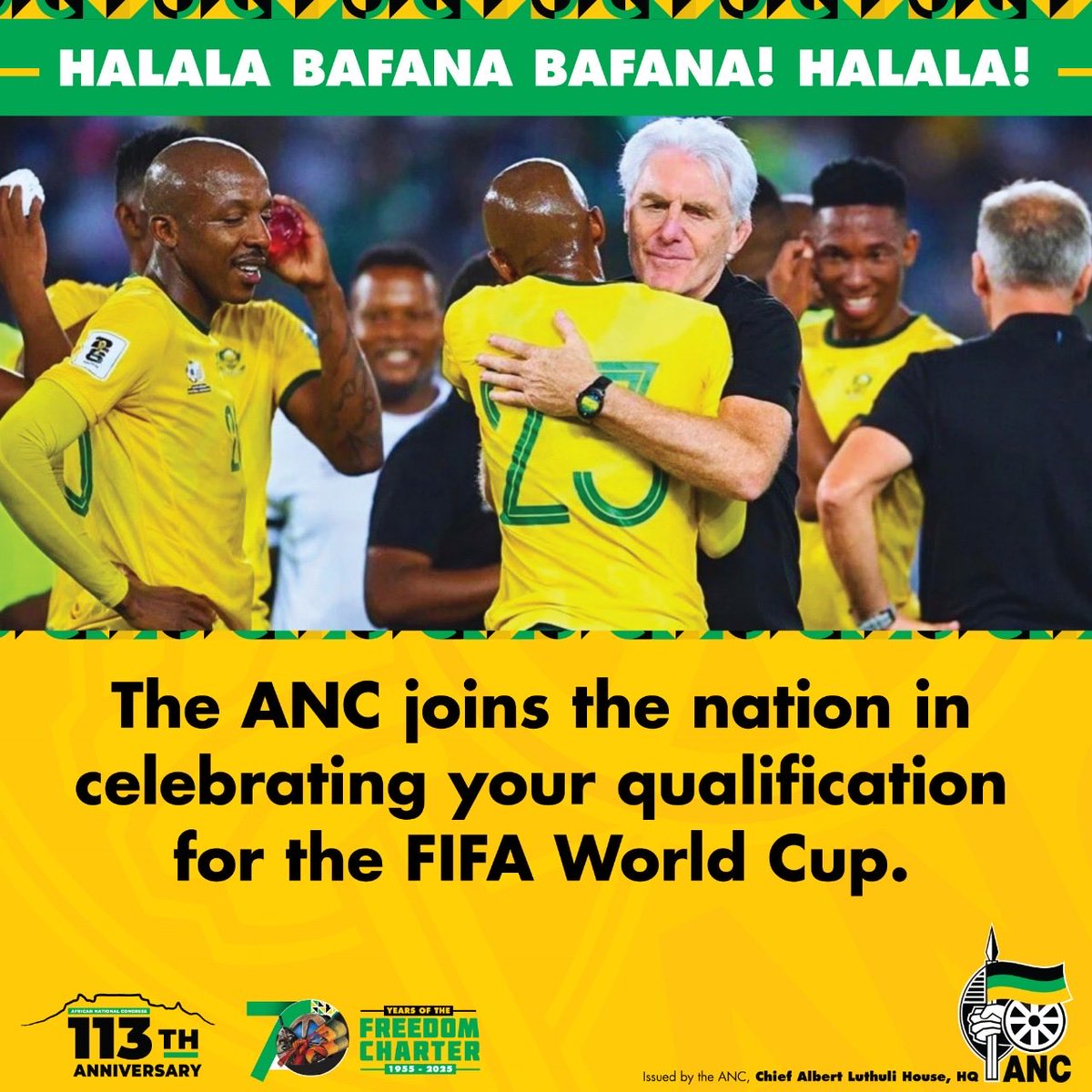 Halala Bafana Bafana! 

The ANC joins the nation in celebrating your qualification for the FIFA World Cup! 

🥳⚽️🏆

#BafanaPride #BafanaBafana