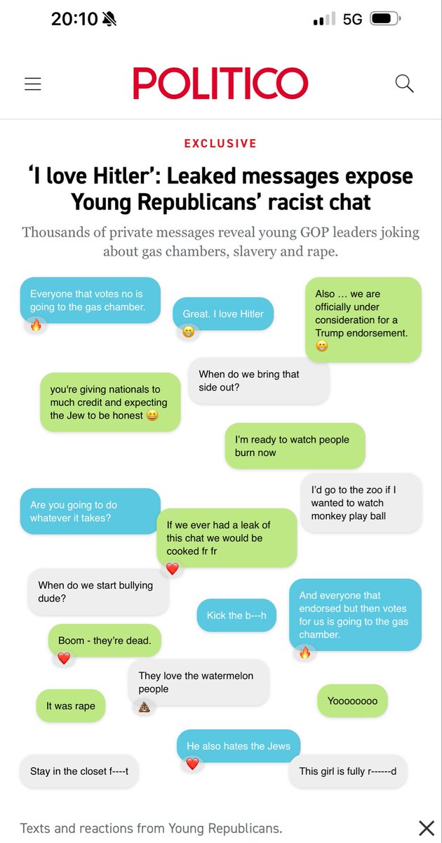 karimbitar's tweet image. 🇺🇸 Exclusive @politico report: “Thousands of private messages reveal young GOP leaders joking about gas chambers, slavery and rape, referring to Black people as monkeys and “the watermelon people”, talking about raping their enemies.”
👉politico.com/news/2025/10/1…
via @mehdirhasan