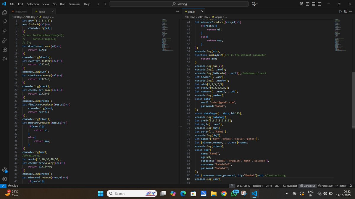 rahulpanda4349's tweet image. Day 23/100✅Started my #100DaysOfCode With Full Stack Development Journey today.               
Today I Completed Arrow Methods and Parameters  in JavaScript. And a Practice Questions On it.                #Zigbee #100DaysOfCod