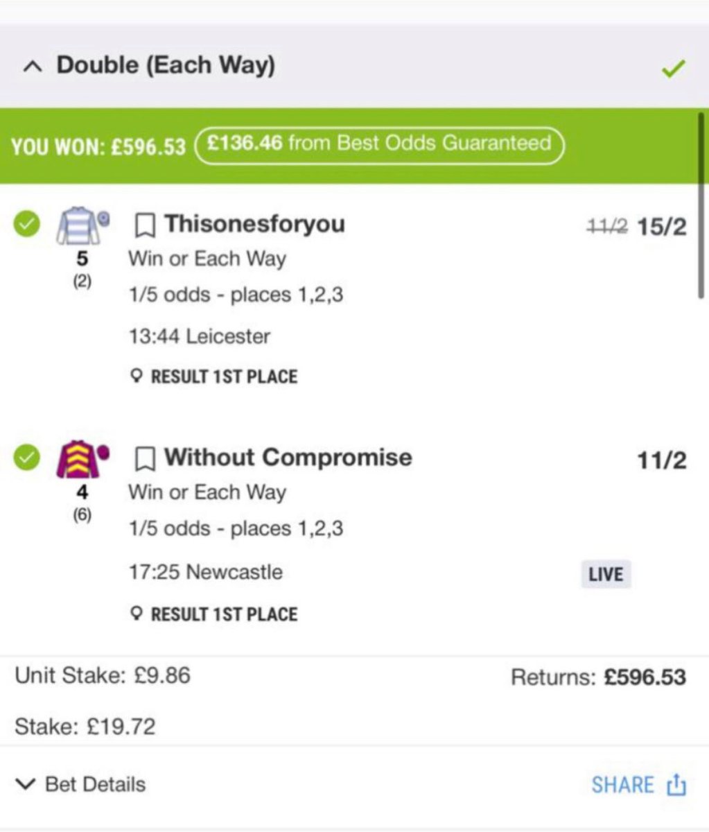 15/2, 11/2 and 54.25/1 DOUBLE ALL WIN BOOOOOOM 🔥🔥🔥🔥

Free telegram👉 t.me/+iCW5N4fUg5MwN…

Join above 👍

Giving away £150 away at 3PM tomorrow! 💷

RETWEET AND LIKE TO ENTER ❤️