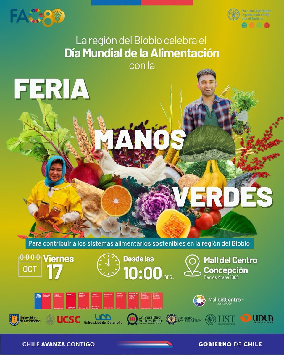 🌿 ¡Feria Manos Verdes! 🌎

En el marco del Día Mundial de la Alimentación, te invitamos a ser parte de esta feria llena de sabor, sustentabilidad y vida saludable 💚.

📅 Viernes 17 de octubre
🕙 Desde las 10:00 a.m.
📍 Mall del Centro Concepción