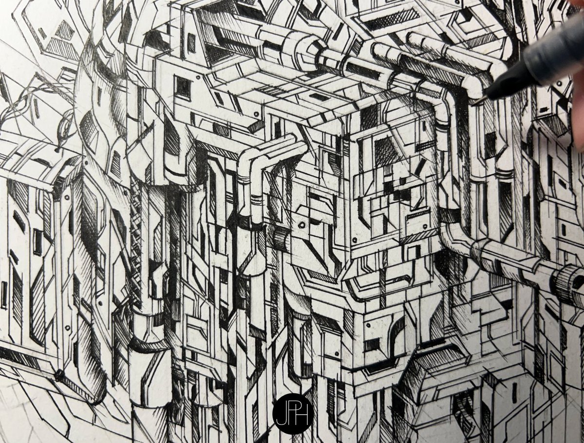 Good morning🇫🇷 
✏️Isometric sketch details retrospective📐
⚙️Infernal industrial robot⚙️
No AI product - © Julien-Pierre Hanel 2025  
#sketchart #rough #lines #art #artwork