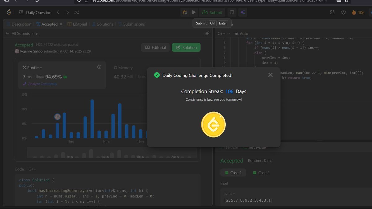 RojalineSa93267's tweet image. Day 23 of #100DaysOfCode Completed todayโs LeetCode problem โ making it 106 consecutive days of daily problem-solving!
#LeetCode #CodingJourney #Zigbee #100DaysOfCodeChallenge