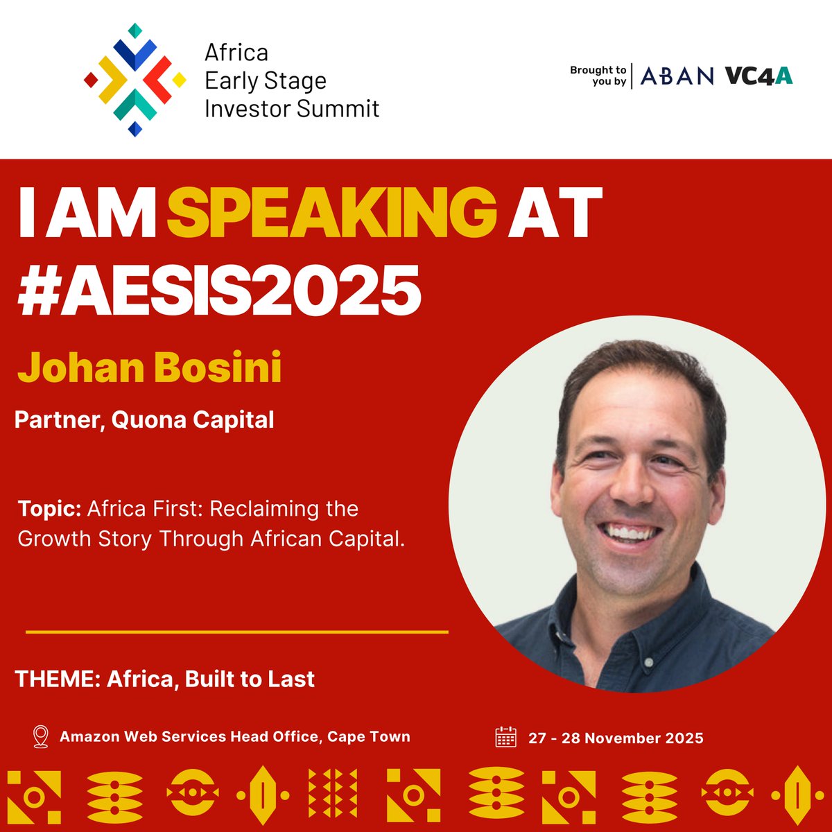 Africa Early Stage Investor Summit (@aesis_summit) on Twitter photo 🌍 Meet Johan Bosini, Partner at <a href="/QuonaCapital/">Quona Capital</a> — a fintech investor driving inclusive financial innovation across Africa. Hear his insights at #AESIS2025!
đź”— Register now: africainvestorsummit.com
#ImpactInvestment #Fintech #AfricaInnovation 🌍 Meet Johan Bosini, Partner at <a href="/QuonaCapital/">Quona Capital</a> — a fintech investor driving inclusive financial innovation across Africa. Hear his insights at #AESIS2025!
đź”— Register now: africainvestorsummit.com
#ImpactInvestment #Fintech #AfricaInnovation