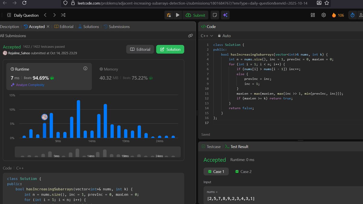 RojalineSa93267's tweet image. Day 23 of #100DaysOfCode Completed todayโs LeetCode problem โ making it 106 consecutive days of daily problem-solving!
#LeetCode #CodingJourney #Zigbee #100DaysOfCodeChallenge