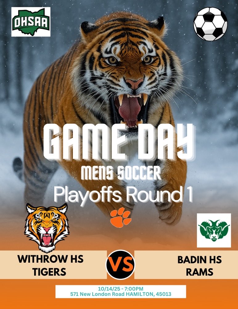 GAMEDAY ⚽️
OHSAA Division III Sectional Round
🏟️ Hamilton Badin High School
⏰ 7:00 PM Kickoff
🎯 Withrow Tigers vs. Hamilton Badin