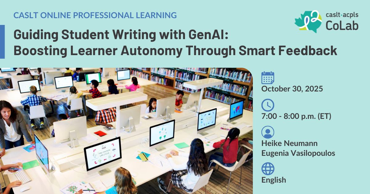 CASLT_ACPLS's tweet image. This interactive workshop will explore how prompt engineering can help students get meaningful, targeted feedback on their writing, building their autonomy and confidence.
Register ➡️ caslt.org/en/event/opl-2… #langchat #languageteaching