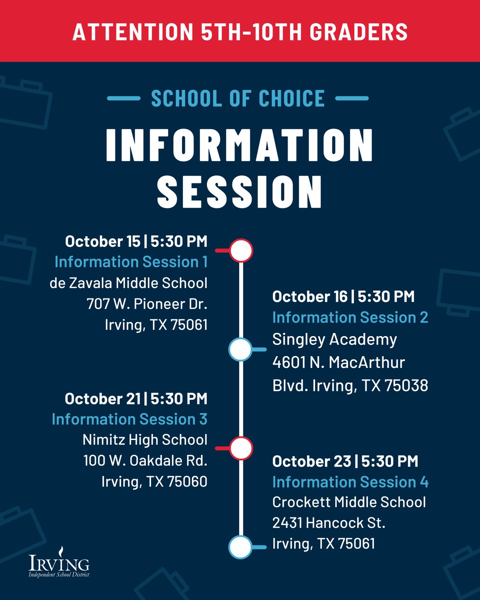 🚨 Reminder: School Choice Information Sessions Start Tomorrow! 🚨

Attend one of the informational sessions to learn more about the six School of Choice programs offered at Irving ISD:

📍 The first session is at de Zavala Middle School on October 15 | 5:30 PM

Don’t miss this