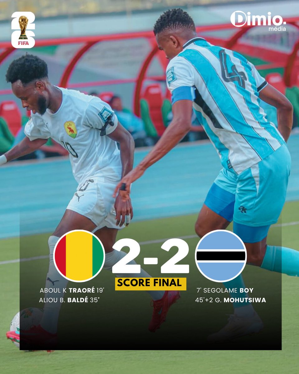 🇬🇳⚽️ Le #SyliNational a bouclé sa campagne des éliminatoires CDM 2026 sur un match nul (2-2) face au #Botswana, un résultat sans incidence sur le classement final. Avec 15 pts, la #Guinee termine 4ᵉ du groupe G, derrière l’Algérie (25 pts), l’Ouganda et le #Mozambique (18 pts)