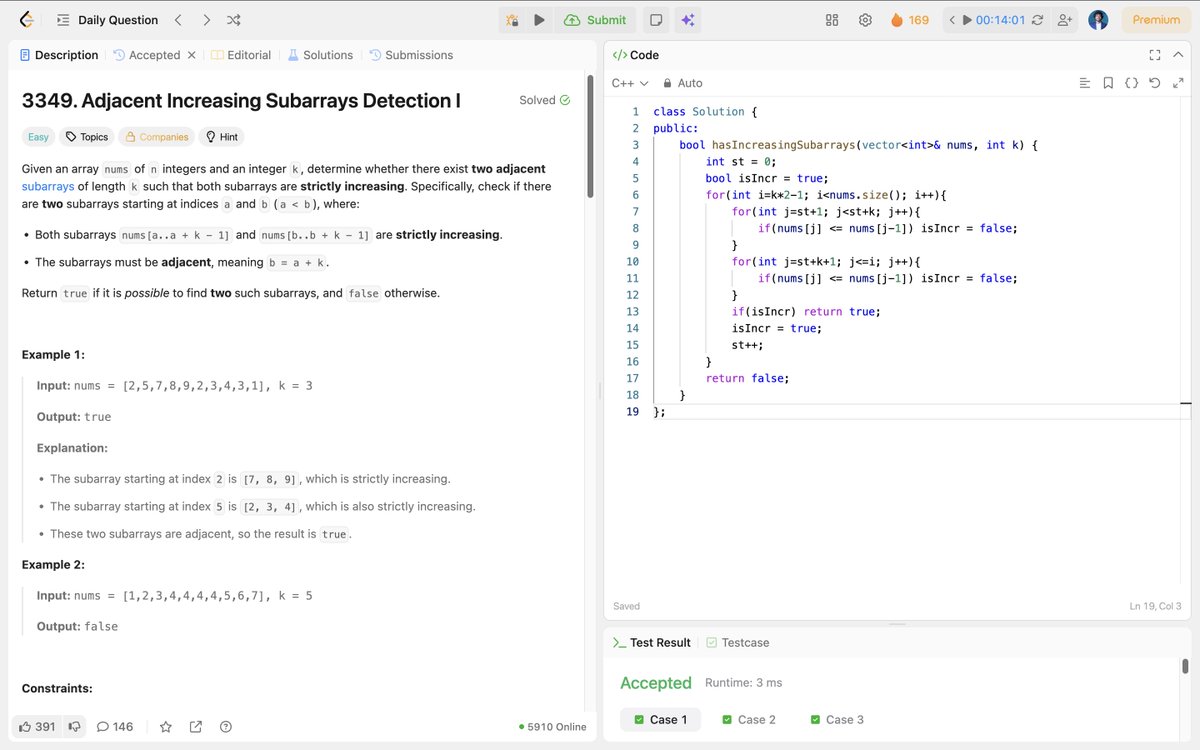 me_sajeeb's tweet image. ๐ LeetCode Daily: Adjacent Increasing Subarrays
Sliding window finds two consecutive strictly increasing subarrays. Check both segments per position.
โก O(nรk) window validation
๐ฏ Two k-length segments required
๐ก Sliding window pattern
#LeetCode #CPlusPlus #SlidingWindow