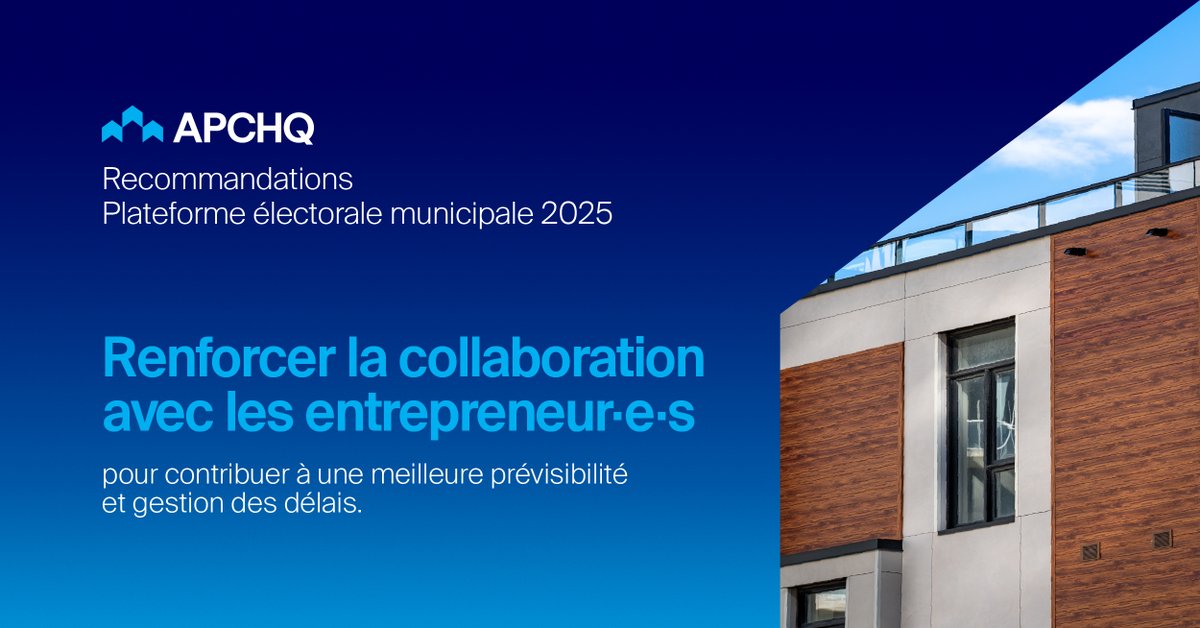 𝐄́𝐥𝐞𝐜𝐭𝐢𝐨𝐧𝐬 𝐦𝐮𝐧𝐢𝐜𝐢𝐩𝐚𝐥𝐞𝐬 𝟐𝟎𝟐𝟓 🗳️

Une élection générale aura lieu le 2 novembre prochain dans plus de 1 100 municipalités partout au Québec.

L’APCHQ enjoint les futur·e·s élu·e·s à insuffler davantage d’agilité et de dynamisme dans les municipalités,