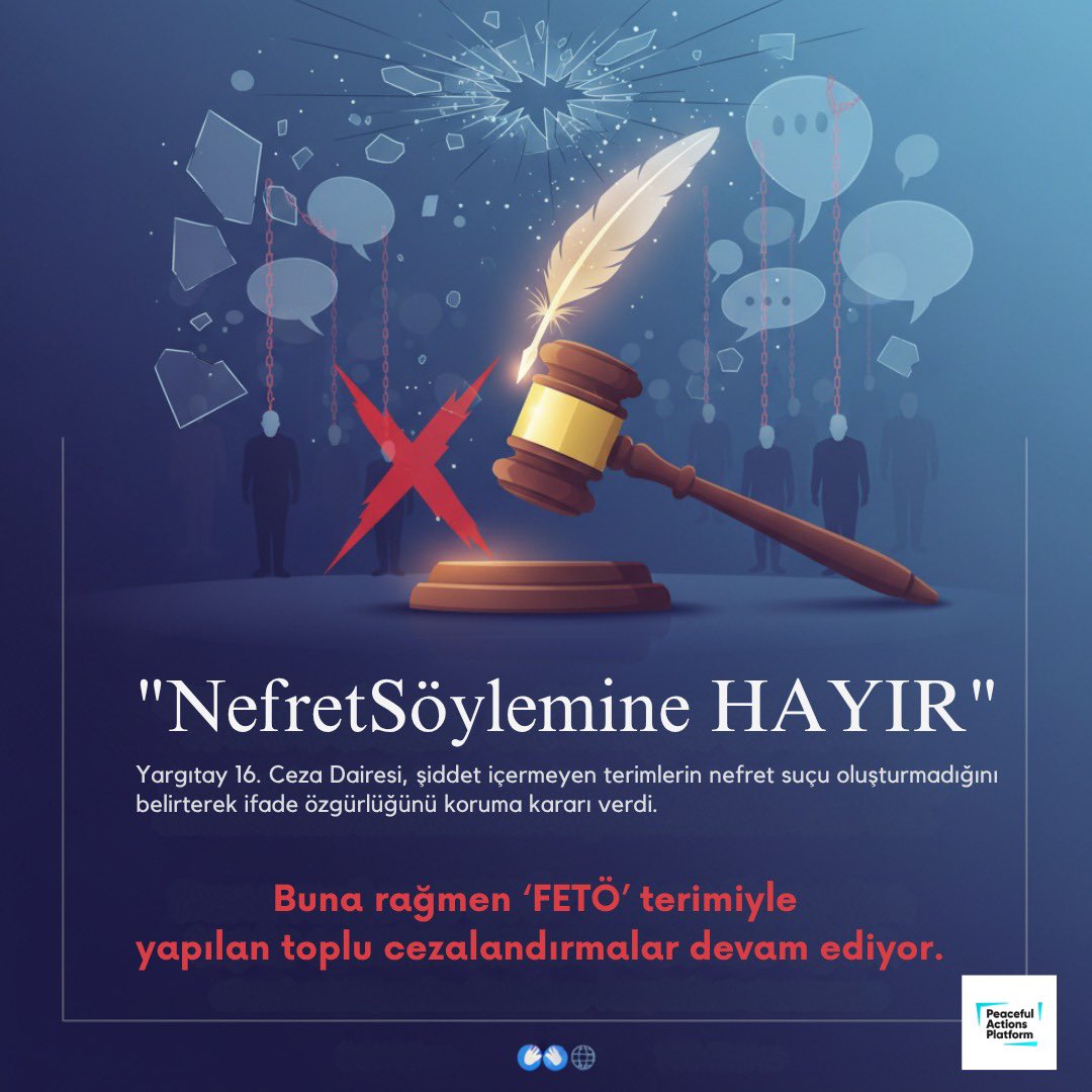 Yusufbatur68's tweet image. FETÖ” etiketi, yıllardır insanları topluca suçlamak ve susturmak için kullanılan bir nefret söylemine dönüştü.

Nefret söylemi, adaletin ve insan onurunun düşmanıdır.

NefretSöylemine HAYIR
#NotoHateSpeech