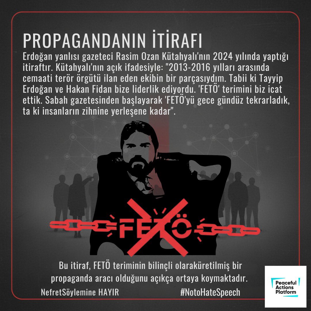 Yusufbatur68's tweet image. FETÖ” etiketi, yıllardır insanları topluca suçlamak ve susturmak için kullanılan bir nefret söylemine dönüştü.

Nefret söylemi, adaletin ve insan onurunun düşmanıdır.

NefretSöylemine HAYIR
#NotoHateSpeech