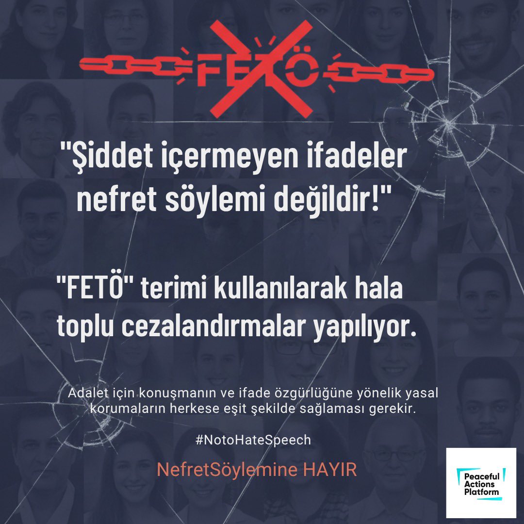 Yusufbatur68's tweet image. FETÖ” etiketi, yıllardır insanları topluca suçlamak ve susturmak için kullanılan bir nefret söylemine dönüştü.

Nefret söylemi, adaletin ve insan onurunun düşmanıdır.

NefretSöylemine HAYIR
#NotoHateSpeech