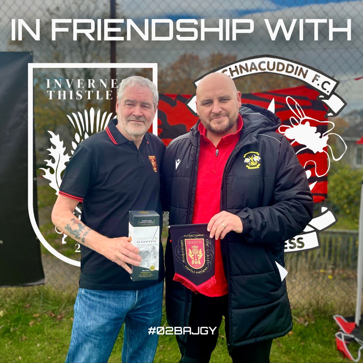 🤝 A Warm Welcome to Clachnacuddin Football Club

Before last Saturday’s game, Thistle committee member Peter Munro and Clach Director of Football Grant Munro marked the occasion with a warm exchange.

A bottle of GlenWyvis Distillery whisky and our club pennant were handed over