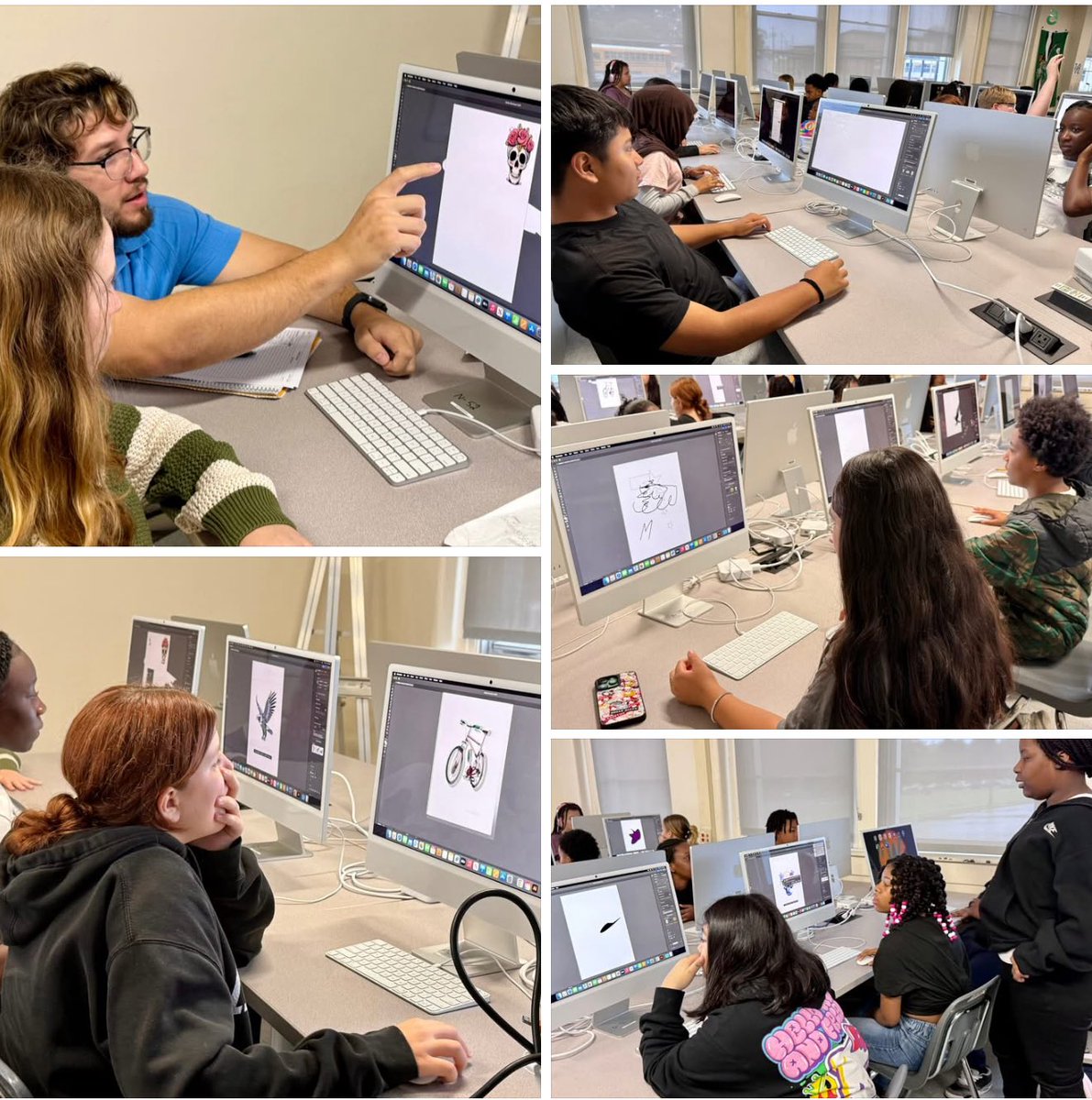 JamesNMcCrobie's tweet photo. Today was an exciting day for students in our Graphic Arts track, as they logged onto our 24” iMac’s for the first time to begin exploring Adobe Illustrator software. 

#Inspire. #Create. #Transform. https://t.co/q4hG98HHcC