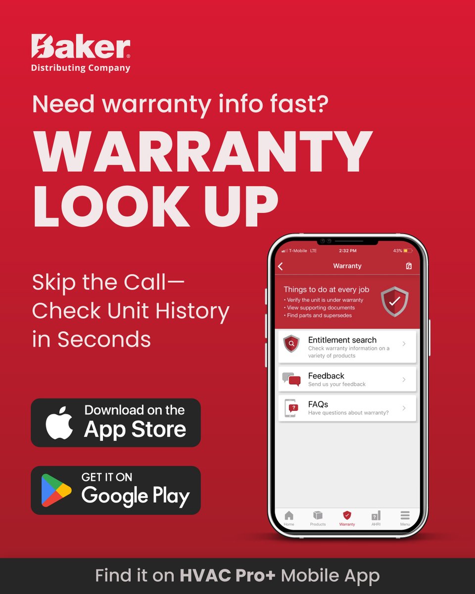 BakerDist's tweet image. Need warranty info fast? The Baker HVAC/R Pro+ Mobile App Warranty Lookup feature allows you to quickly verify if the unit is under warranty, order replacement parts and more. Learn more: bakerdist.com/app-warranty-l…  #BakerDistributing #HVACRpros