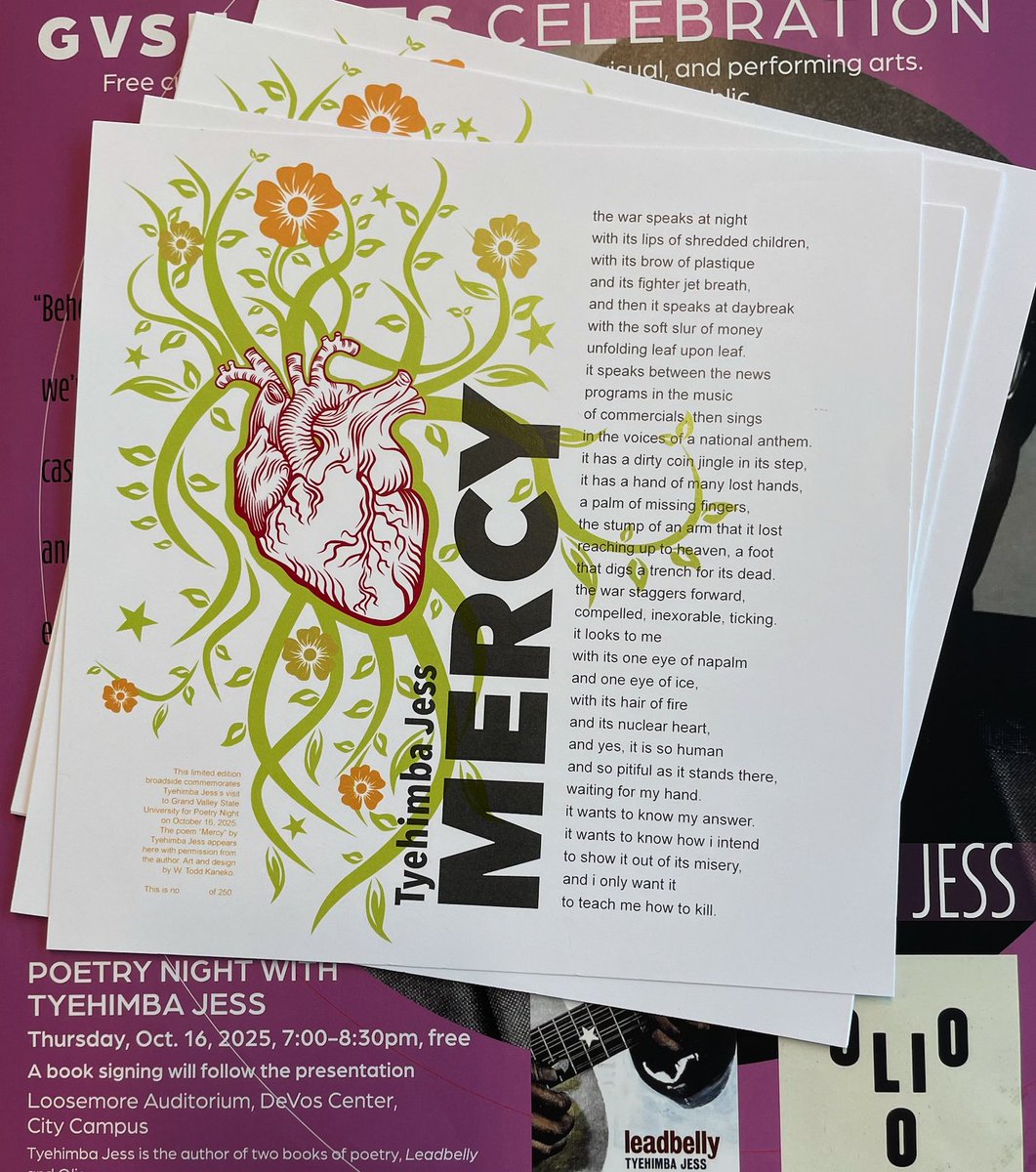 We are getting hyped for POETRY NIGHT with TYEHIMBA JESS this week. We have broadsides ready to hand out on Thursday, October 16 at Loosemore Auditorium in Grand Rapids. Link in bio for more information.
#gvsu #poetrynight #poetry #broadside #mercy #cantwait