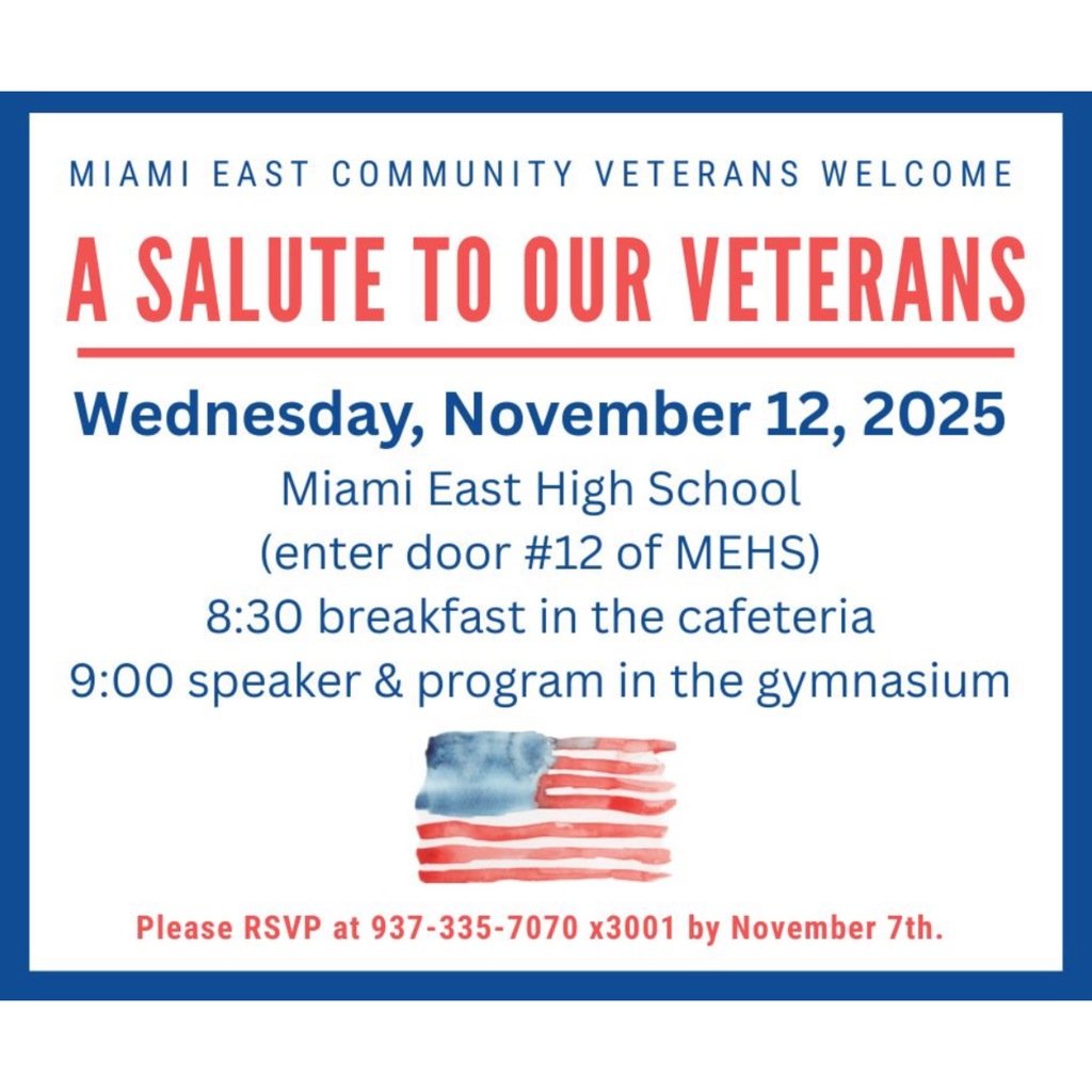 MELS is hosting our annual Veteran’s Day breakfast on Wednesday, November 12th at 8:30. There will be a program in the HS Gym following breakfast. Our program will be held on November 12th instead of November 11th due to the presenters availability. See the flier for details.