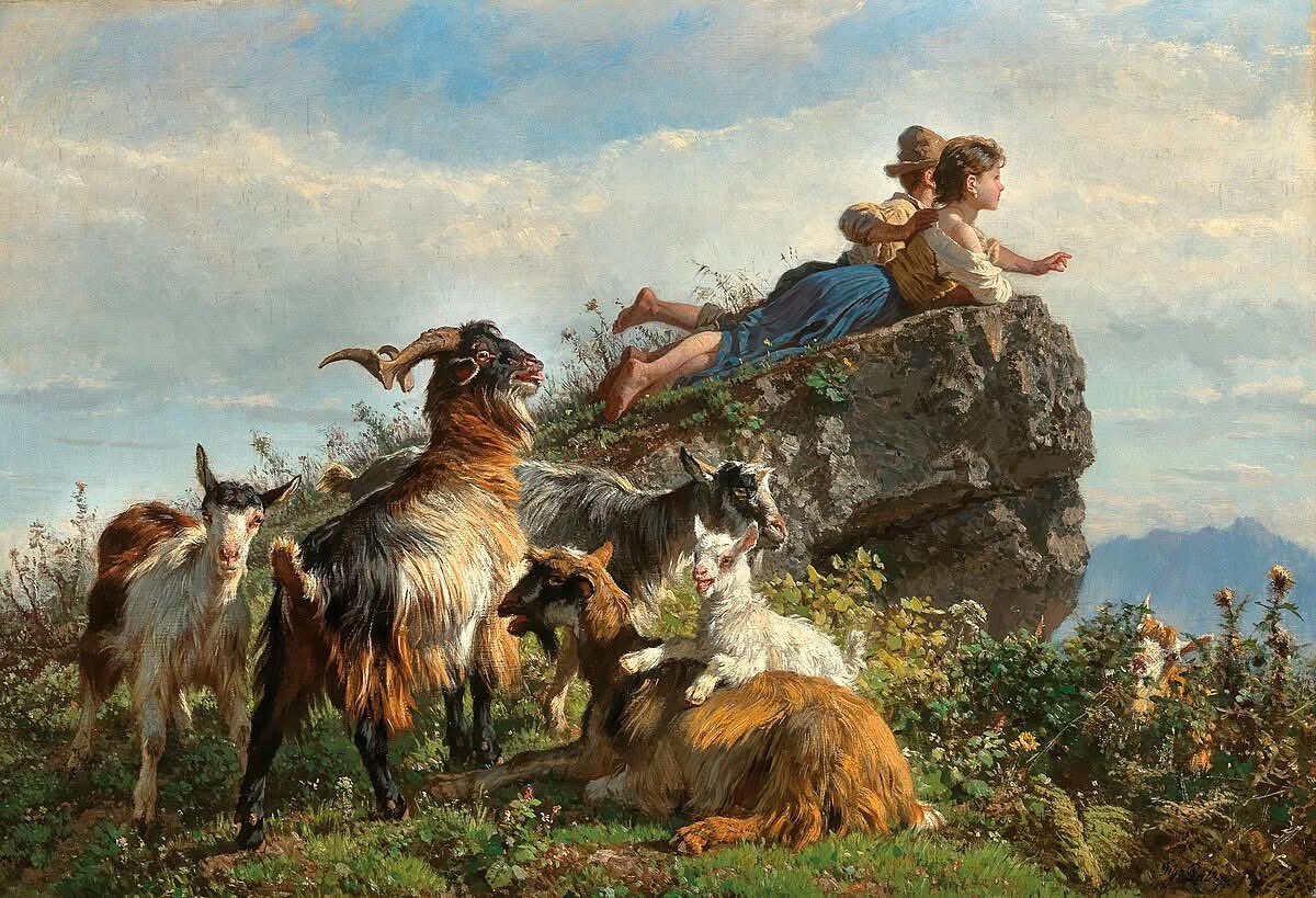 Los Pequeños Pastores,1871
Por Filippo Palizzi
( Italiano , 1818– 1899 )

Óleo sobre lienzo

Filippo Palizzi nació en Vasto (Chieti). Se trasladó a Nápoles en 1837 y se inscribió en el Royal Institute of Fine Arts,