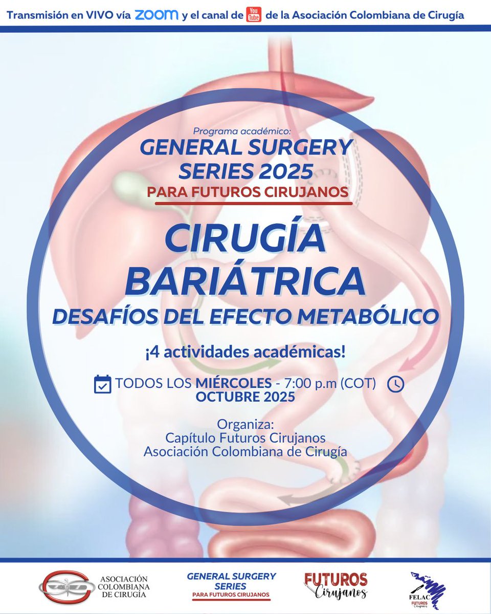 futuroscirascol's tweet photo. 🚨Attention Future Surgeons!🚨

During OCTOBER, we will focus on BARIATRIC SURGERY, with 4 activities for you 🔪🩸

📍October 15th: TAOM Series, we will publish a post and link with the topic and article of the month 👨‍🏫👩‍🏫

📍October 22nd: CCS Series, we will share the clinical case of the month along with challenging questions ⚒️🤔

📍October 29th: SSS Series, with Dr. Mauricio Zuluaga, who will give a talk on the topic of the month and provide feedback on our clinical case 👨🏻‍⚕️

📍November 5th: VOH Series, Universidad de Caldas, to learn more about his Surgery residency General🎓🏥

We'll be waiting for you!! 🫵

#bariatica #bariatic #october #surgery #cirugia
