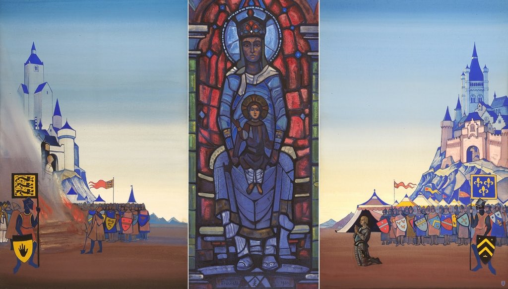 owenbroadcast's tweet image. roerich (1874 - 1947) has a unique style and take on christian imagery. going post some of his paintings i have found interesting in that sense. 

 joan of arc: