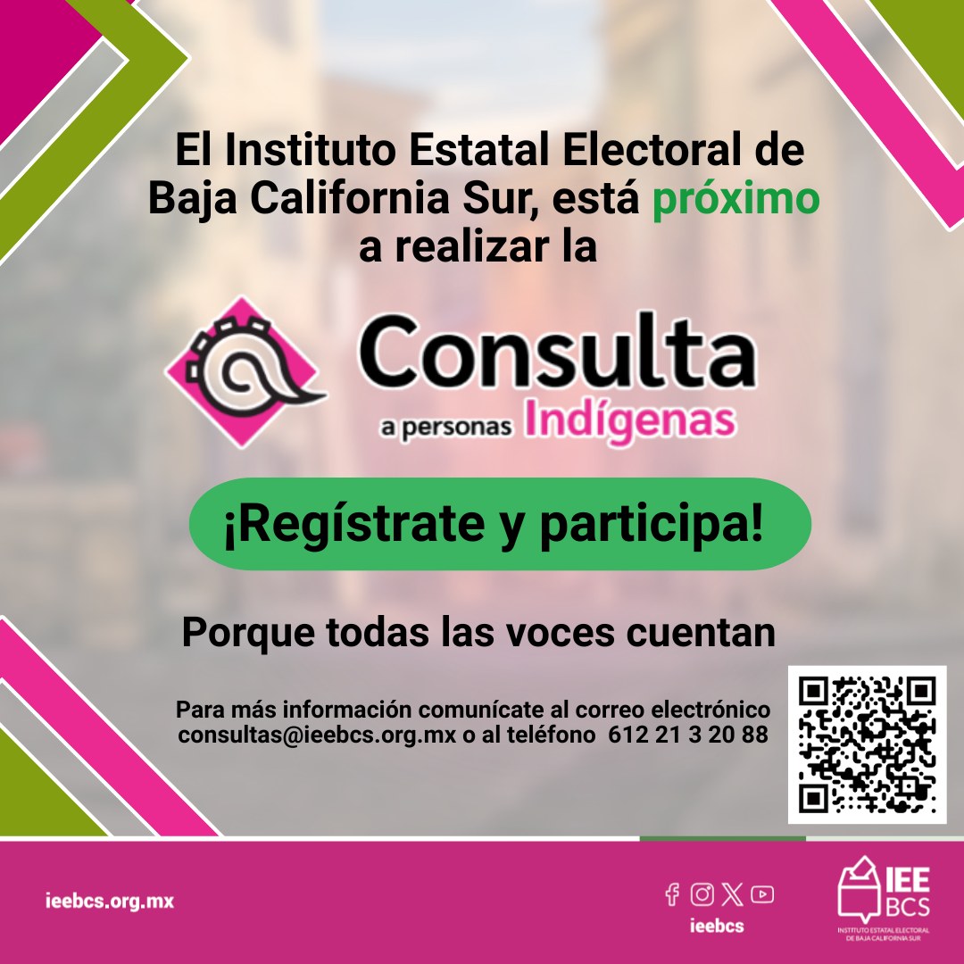 ieebcs's tweet image. El #IEEBCS, está próximo a realizar Consultas dirigidas a grupos de atención prioritaria, una de las consultas que realizará está dirigida a personas indígenas, si eres parte de esta comunidad.
¡Regístrate y participa! forms.gle/2z3o2FHX2LwkHC…