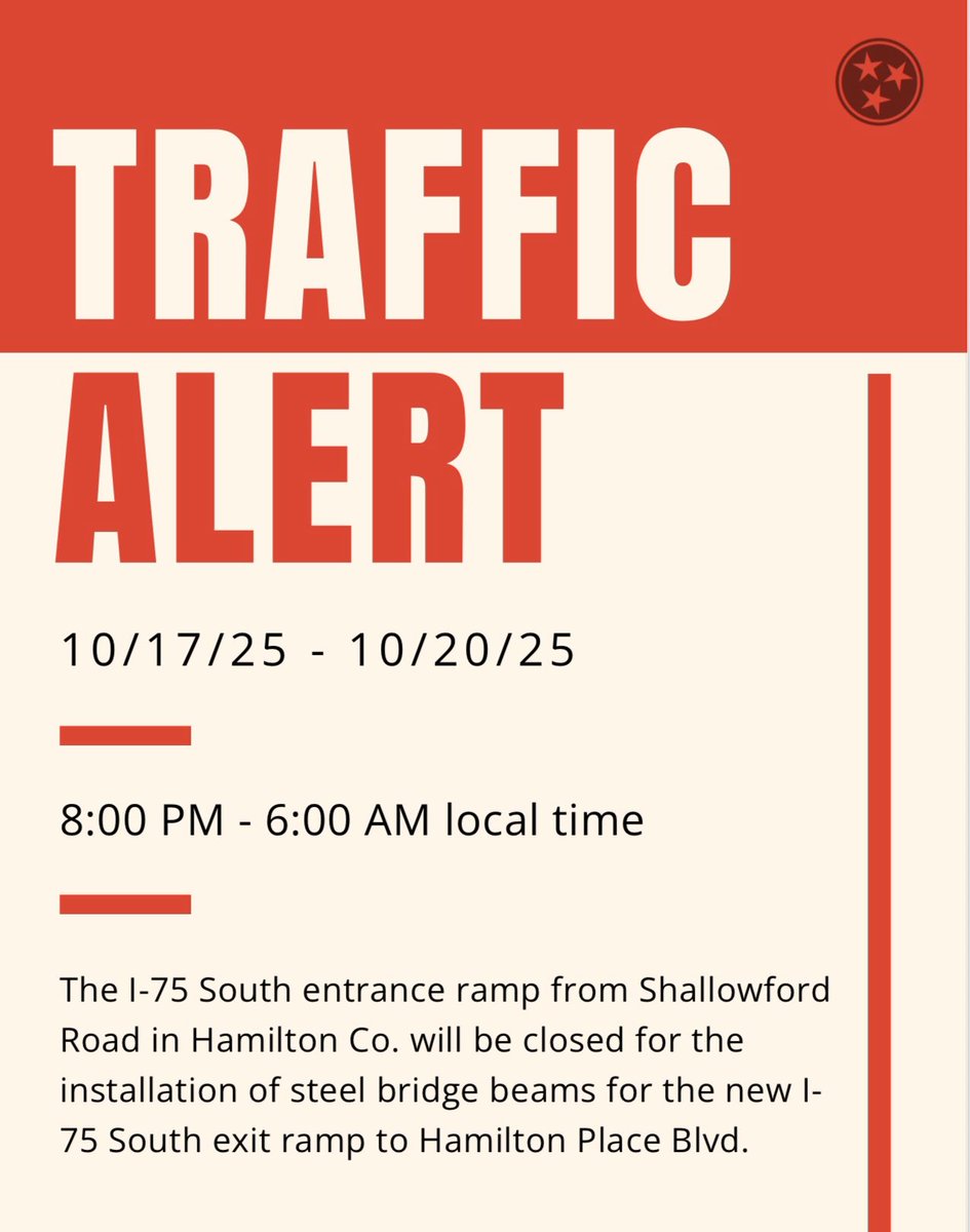 Rae Anne Bradley (@raeannetdot) on Twitter photo Heads up, Hamilton County!
Beginning 10/17 at 8 PM through 10/20 at 6 AM ET, crews will temporarily close the I-75 South entrance ramp from Shallowford Road to facilitate the installation of steel Bridge beams for the new I-75 South exit ramp to Hamilton Place Boulevard. Heads up, Hamilton County!
Beginning 10/17 at 8 PM through 10/20 at 6 AM ET, crews will temporarily close the I-75 South entrance ramp from Shallowford Road to facilitate the installation of steel Bridge beams for the new I-75 South exit ramp to Hamilton Place Boulevard.