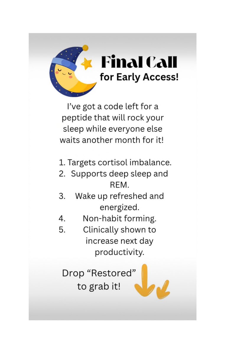 EzekielsTree's tweet photo. I’ve got a code left for a peptide that will rock your sleep while everyone else has to wait another month for it.
🚫cortisol  
✅ deep sleep 
💤 don’t wait, 1 day left 10/15/25

👇 RESTORED below to get link https://t.co/j6c5t9jluH