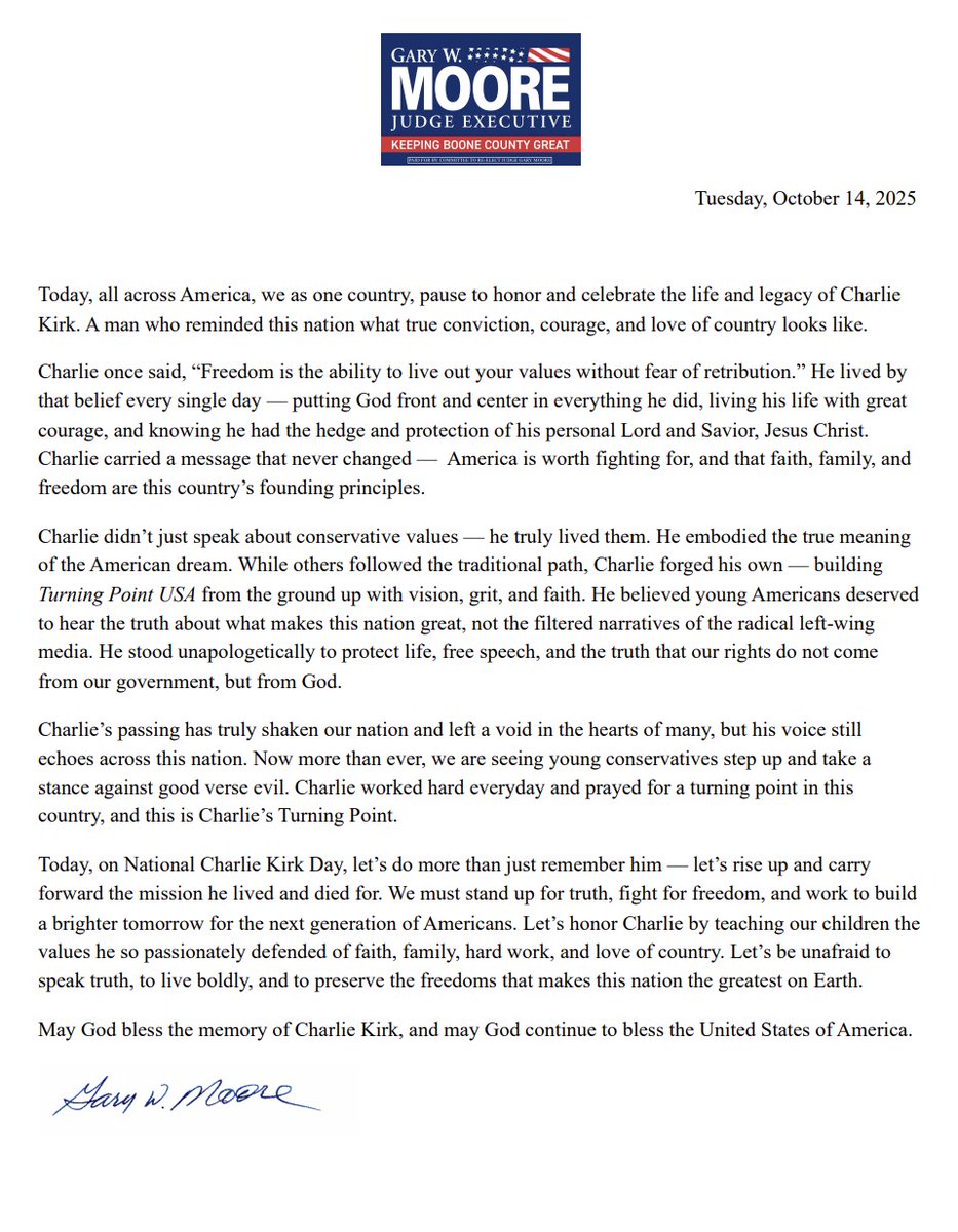 judgegarymoore's tweet image. Charlie fought for a Turning Point. Today, he is the Turning Point. #NationalCharlieKirkDay