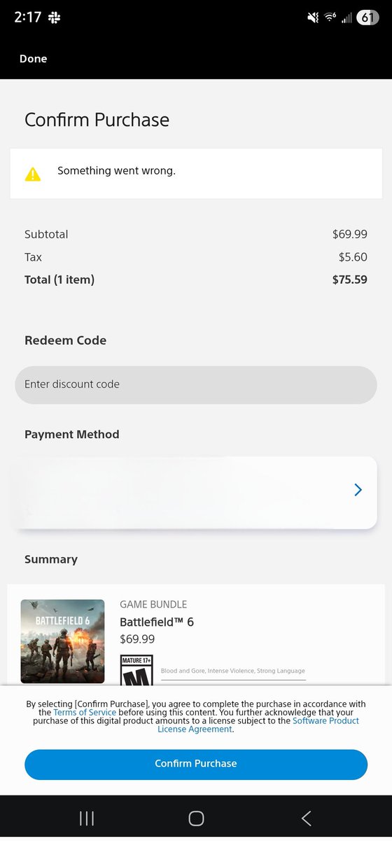 jbrower29's tweet photo. @AskPlayStation every time I've tried to purchase the battlefield 6 game through the PS app I'm getting the error on the screenshot below. I have restarted my phone logged out and back into the app, I have cleared my cash and I'm still not able to purchase this thru thr app. https://t.co/7fjACg12ZX