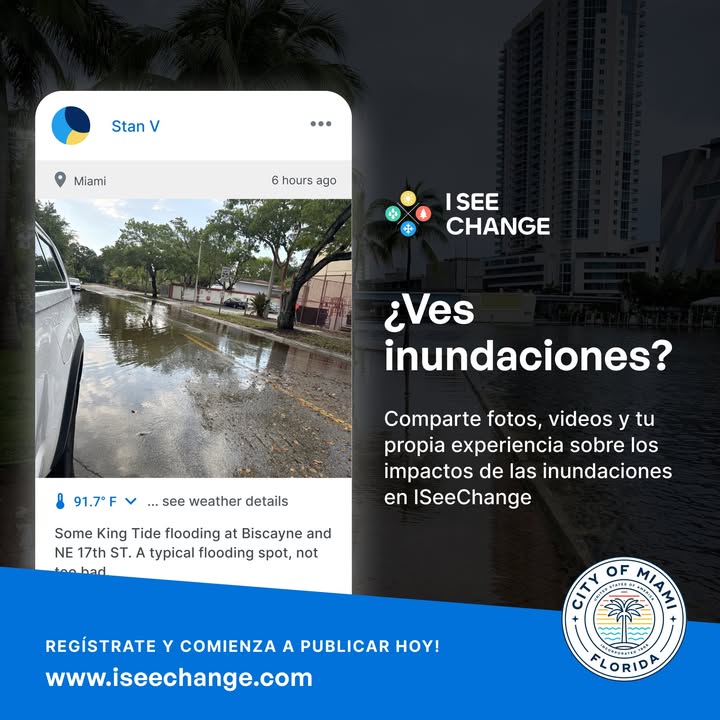 CityofMiami's tweet photo. Be the eyes and ears of your neighborhood! 👀👂 Report flooding concerns to @ISeeChange and help make a difference in stormwater management. It’s easy, free, and impactful. Sign up at https://t.co/XZ4gFivbbO or report through the links in our bio. 🌧️💧 #FloodWatch #MiamiWeather #ISeeChange