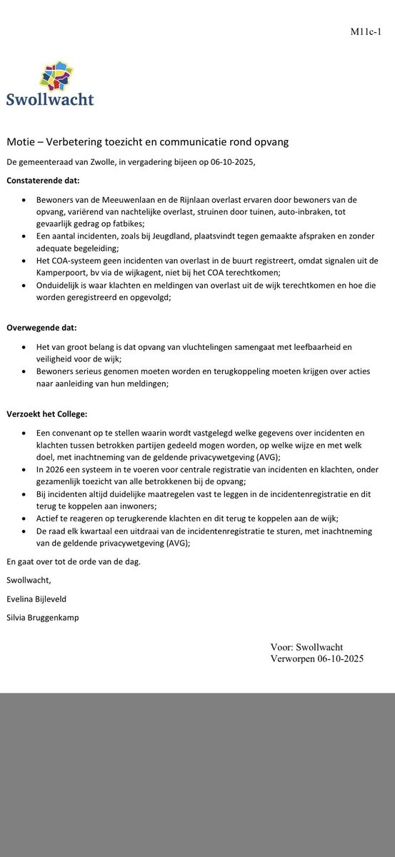 <a href="/Swollwacht1/">Swollwacht</a> Benieuwd wanneer andere partijen het licht gaan zien.
Gemiste kans, een erg nuttige en pasklare motie van <a href="/sbruggenkamp/">Silvia Bruggenkamp</a> &amp; evelina Bijleveld