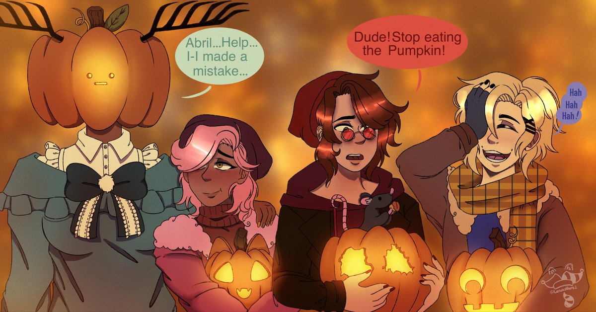Leowasthere2's tweet photo. Skewl is getting me by the throat with midterms so I hand off a #MyHeroUntitled fanart piece for fall seasons. 
Mira, Abril, Otto and Katsumi having a great day at the pumpkin patch 🎃 Hope yall enjoy
Program: Procreate
#MHU #fanart #AutumnVibes https://t.co/7Om2JBzR3f