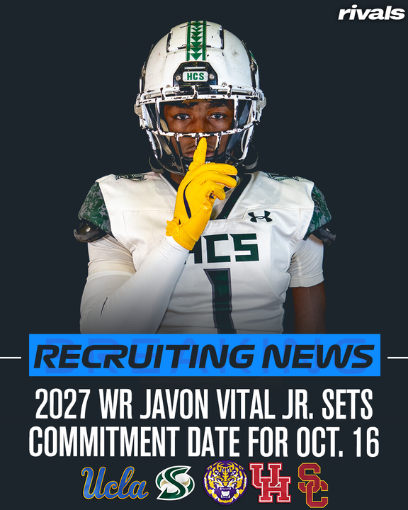 samspiegs's tweet image. NEWS: Rivals300 ATH Javon Vital Jr. will make his college commitment from finalists UCLA, Sacramento State, LSU, Houston and USC on October 16, he tells @Rivals 

Vital will reveal his decision Thursday at 2:30 pm CT from the Lake Charles Hamilton Christian HS gym:…