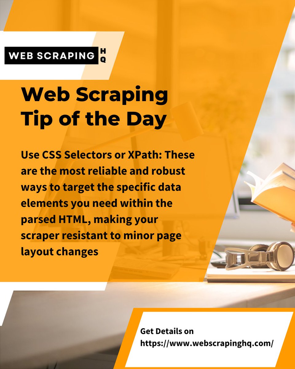 Web_Scraping_HQ's tweet image. Web scraping Tip of the Day :
Use CSS Selectors or XPath: These are the most reliable and robust ways to target the specific data elements you need within the parsed HTML, making your scraper resistant to minor page layout changes.
Visit webscrapinghq.com for more details.