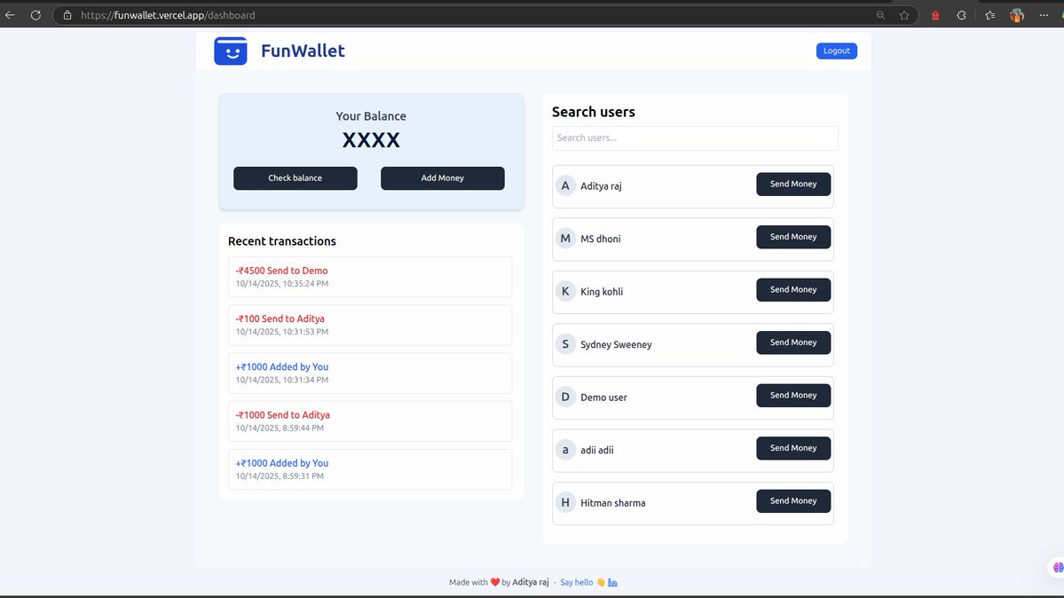AdityaRaj_x's tweet image. ✨FunWallet – a wallet for play, not pay .
> Live link - funwallet.vercel.app
📌 I built this for learning purposes to understand how wallet transactions and transaction history actually work.
📍Githup - github.com/Aditya987456/F…
#BuildInPublic #React #nodejs #reactjs