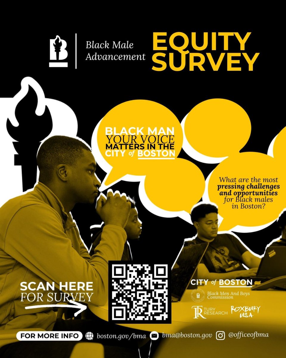resilientcoders's tweet image. Attention Boston: The Mayor’s Office of Black Male Advancement launched an equity survey to better understand the real-life experiences, challenges, and opportunities facing Black men and boys in Boston.
Learn more: hubs.ly/Q03NytLM0
Survey: hubs.ly/Q03NysyV0