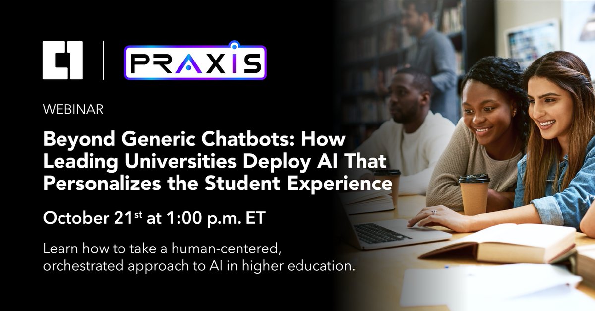 OneC1Company's tweet image. One week left! Don’t miss how C1 + Praxis AI are amplifying faculty with orchestrated AI, not replacing them. Get patterns you can use now! 

📅 Oct 21, 2025 • 1:00 PM ET 

Register for our webinar: hubs.li/Q03NsM-t0

#HigherEd #C1 #PraxisAI #AIinEducation #LMS