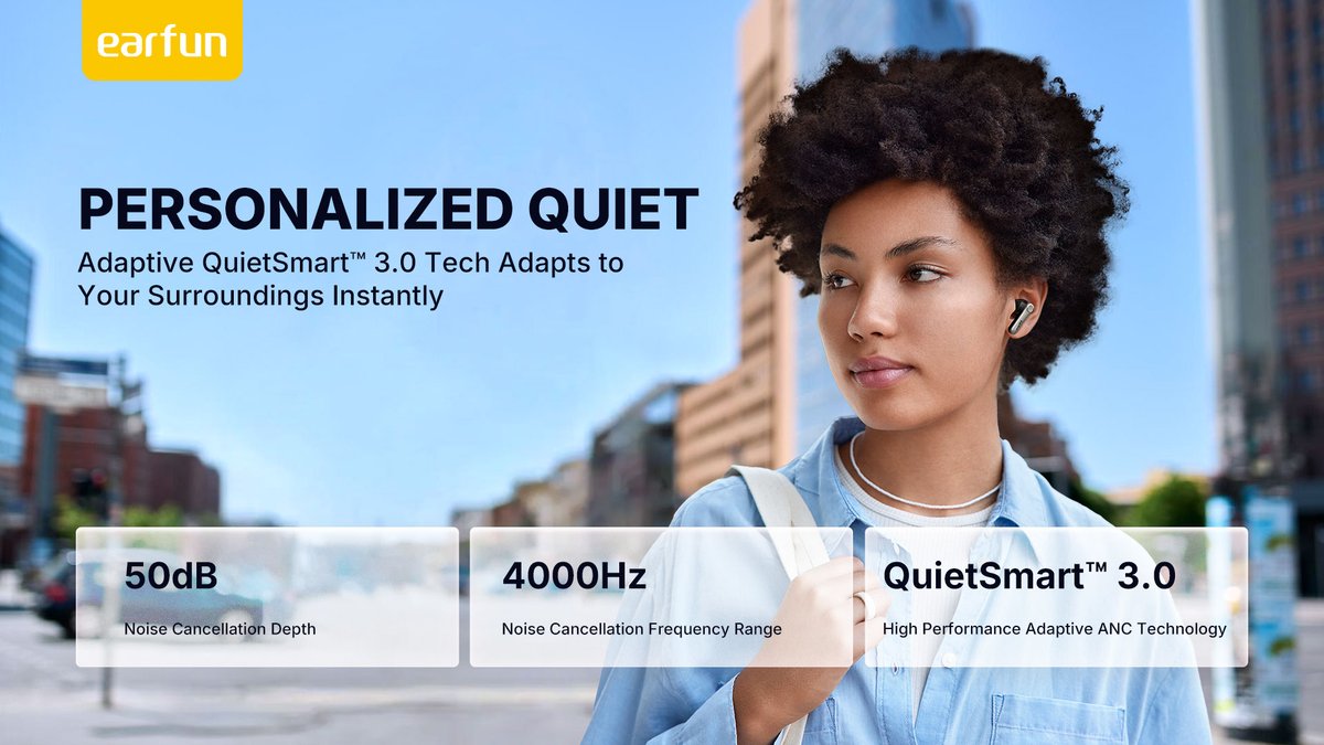 EarFunAudio's tweet image. 🔇 Peace. Perfected.
 EarFun Air Pro 4+ with QuietSmart™ 3.0 Adaptive ANC cancels up to 50dB of noise — for true silence anywhere.
🔥 30% OFF Early Bird Special!
👉 budurl.me/ch11eabd
#EarFunAirPro4Plus #QuietSmart3 #AdaptiveANC #NoiseCancelling #EarFun #EarlyBirdDeal