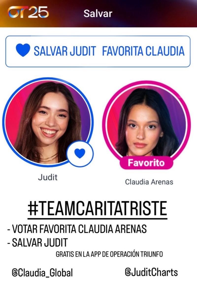 #TEAMCARITATRISTE
SALVAR JUDIT

FAVORITA CLAUDIA

¡Campaña para salvar y hacer favorita a nuestras caritas tristes!

Fans de Judit votáis a Claudia como favorita

Fans de Cladia salvais a Judit

<a href="/Claudia_Global/">Claudia Arenas Global</a> #OTDirecto14O