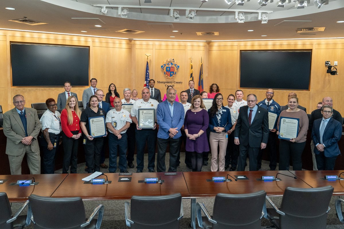 MoCoCouncilMD's tweet photo. Council President @CMKateStewart & County Executive Marc Elrich and the Council presented a proclamation for #FirePreventionMonth, focusing on safe use of lithium-ion batteries at home. Remember: Buy certified products, charge safely & recycle responsibly.
#MoCoSafety https://t.co/Lu5TEI2PDn