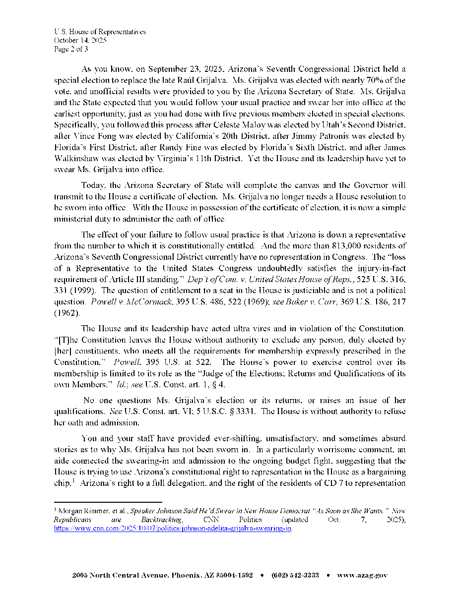 AZAGMayes's tweet image. On behalf of Arizona, I am demanding Speaker Johnson seat Congresswoman Grijlva without delay. We are keeping every option open to us, including litigation, to make sure that Adelita is able to begin her work as Arizona's newest member of Congress.