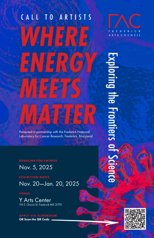 Call to Artists: 
Where Energy Meets Matter--Exploring the Frontiers of Space
Find the application link, guidelines and inspiration lit available at www. FrederickArtsCouncil.org.
Application deadline Nov 5, 11:59p