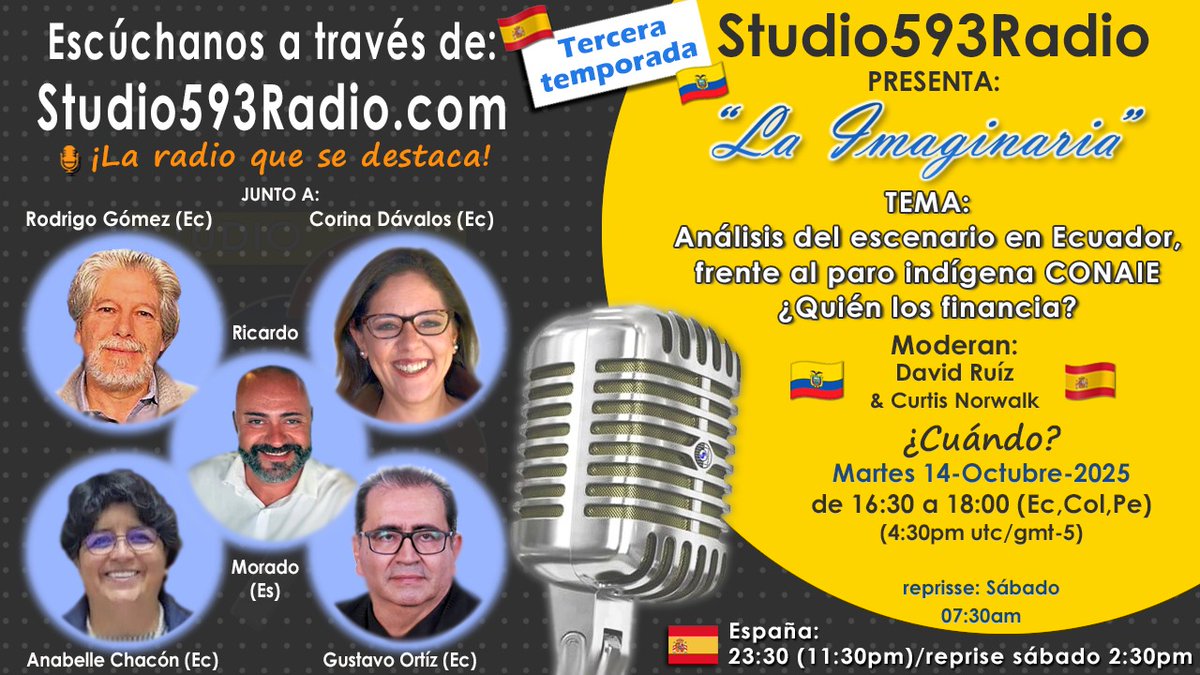 ¡EXCELENTE programa! ✌️
HOY en LA IMAGINARIA
16:30 (4:30pm) 🇪🇨
22:30 (11:30pm) 🇪🇦

ANALIZAMOS EL PARO
INDÍGENA EN ECUADOR
¿Quién/es lo financian?
¿Cuál es la motivación? 
😯🤔😳

sin filtros, sin tapujos, sin
pelos en la lengua...👇👇

INVITADOS: 🇪🇨

🔵 Anabelle Chacón