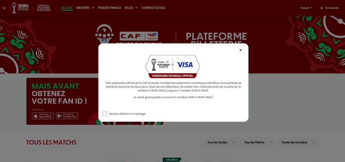 ℹ️🎟️ Quelques infos complémentaires sur la 1ère vente pour la CAN 2025 🏆

🔒 La vente est actuellement réservée aux cartes Visa jusque vendredi 17/10 à 14h30 (heure française).

🎟️ 30% des billets sont en vente sur cette phase (pour l'instant seuls la finale et le match