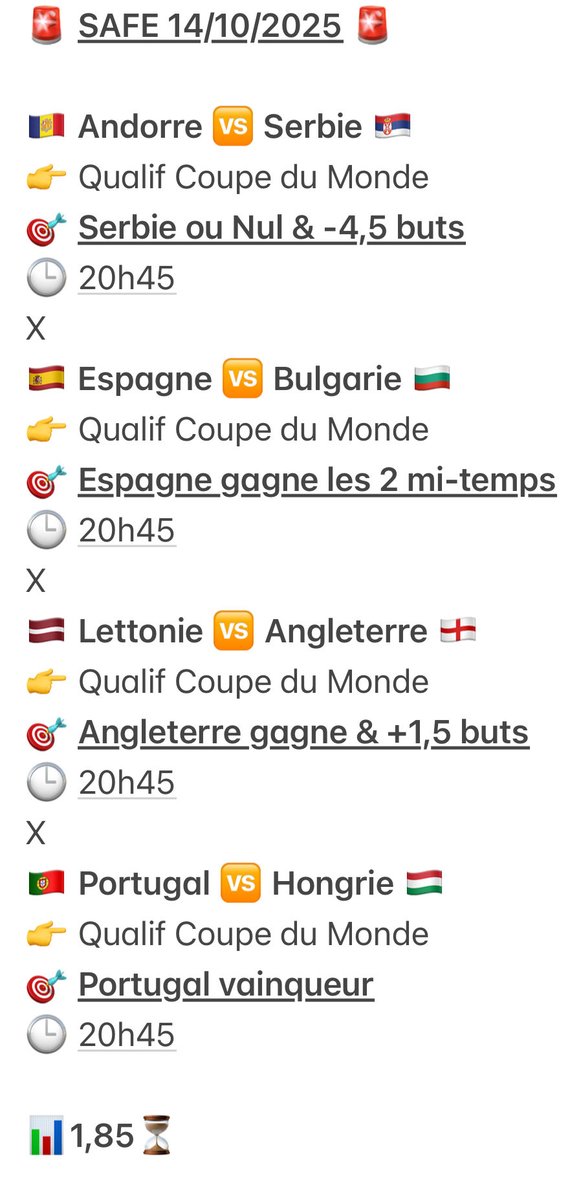 pronofuteplus's tweet photo. 🔥 Petite confiance foot⚽️ du soir !
👀 Combiné 4 matchs ce soir pour les qualifs CDM 🏆, obligé de mixer plusieurs paramètres vu la faiblesse des cotes.
📲 Suis-moi ici & sur mon Telegram (en bio) pour l’analyse complète 🤯🔥
#TeamParieur #Pronos #Winamax #QualificationCDM https://t.co/uEiWctPjzT