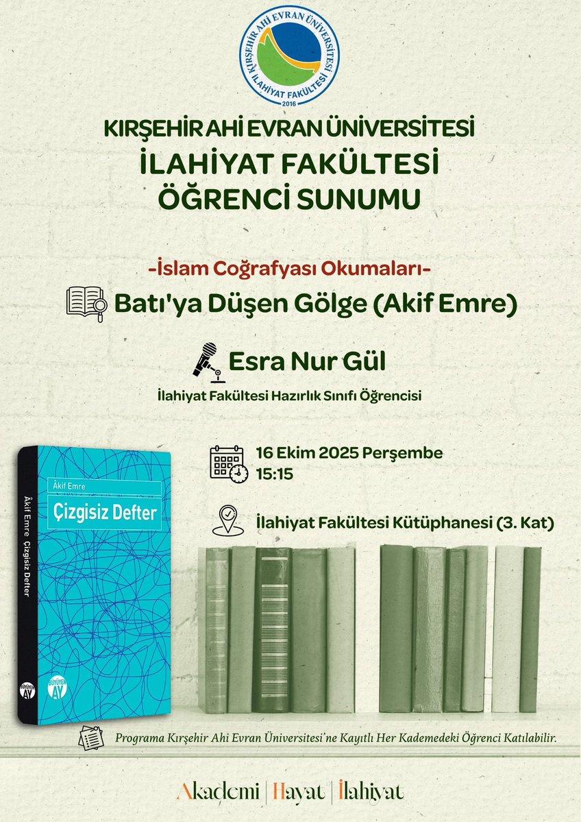 İzzet GÜLAÇAR (@izzetgulacar) on Twitter photo Kırşehir Ahi Evran Üniversitesi, İlahiyat Fakültesi. 
Öğrenci sunumlarında bu hafta. 
Bekliyoruz. Kırşehir Ahi Evran Üniversitesi, İlahiyat Fakültesi. 
Öğrenci sunumlarında bu hafta. 
Bekliyoruz.